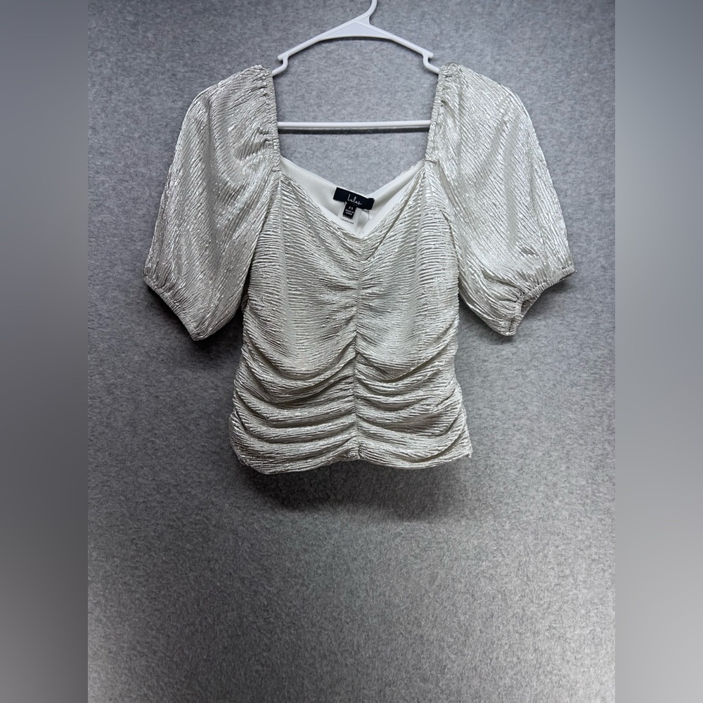 Lulu's Shimmering Silver Ruched Blouse